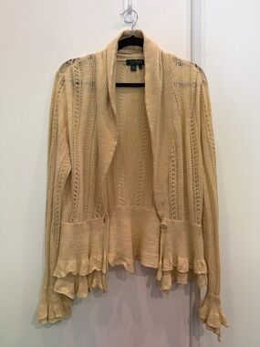 Lauren Ralph Lauren Cream Ruffle Hem Vintage Linen Openwork Cardigan